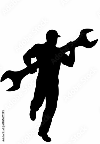 Silhouette of a mechanic carrying a large wrench. 