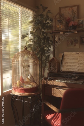 A quiet office corner with a birdcage of singing canaries. Gentle melodies fill the air. The mood feels refreshing and serene, Generative AI 