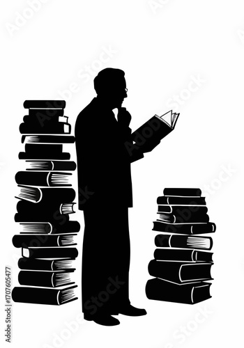 Silhouette of a man engrossed in reading a book amidst piles of other books. 