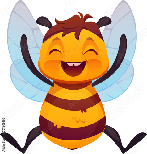 Cartoon honey bee character with raised arms and joyful happy expression featuring bright yellow and black stripes and translucent wings. Vector cheerful cute honeybee, animal mascot, insect personage