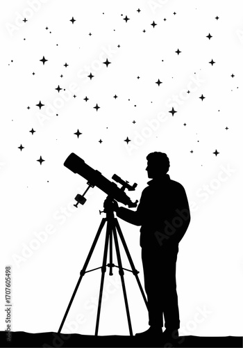 A silhouette of a person using a telescope to observe the stars.