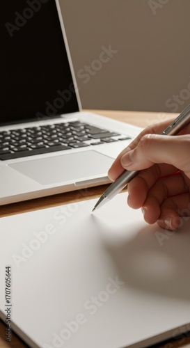 Realistic close-up of laptop keyboard with hand writing notes in notebook