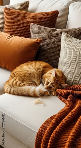 A ginger cat rests peacefully on a cream-colored couch, surrounded by warm orange and beige throw pillows and a textured orange blanket, creating a cozy and inviting autumnal scene.