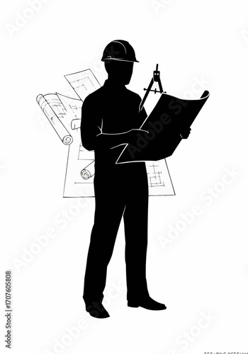 An Architect Silhouette reviewing blueprints in a construction setting