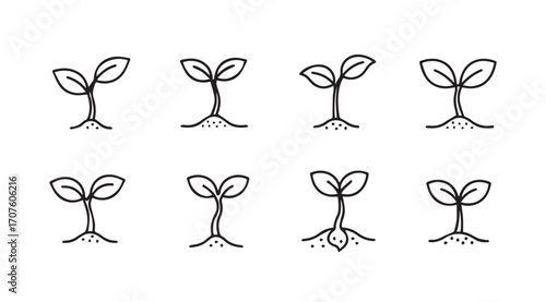 Collection of hand drawn seedling sprouts growing from soil silhouette