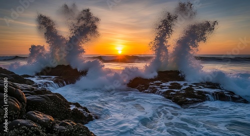 Dramatic ocean waves crashing against rocks at sunrise, showcasing powerful splashes and a vibrant sunrise sky.