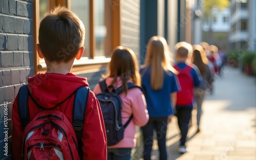 Primary school students waiting in line outside their classroom. Children waiting to start class in the morning. High quality