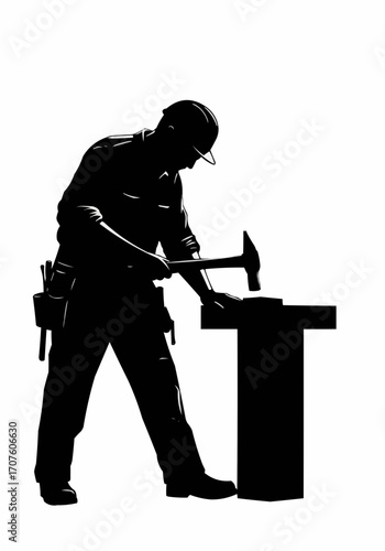 Silhouette of a carpenter hammering a nail onto a wooden surface. 