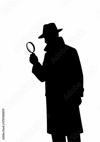 A silhouette of a detective holding a magnifying glass.