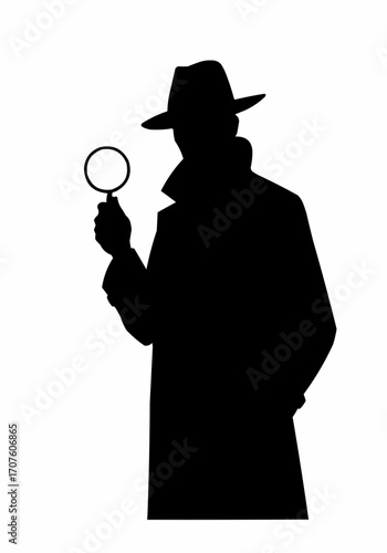 A detective silhouette holds a magnifying glass, emphasizing mystery and investigation.