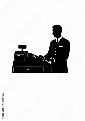 Silhouette of a person operating a vintage cash register.
