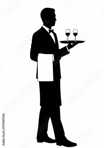 A butler holding a tray with two glasses.