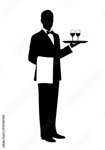 A professional waiter elegantly holding a tray with two glasses of wine.