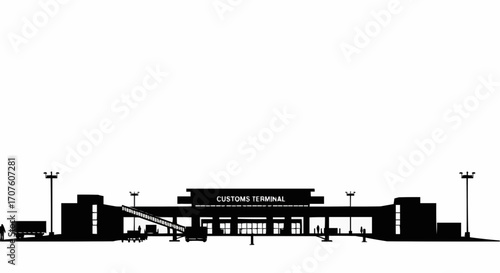 Silhouette of a customs terminal building, illustrating border control and international trade.