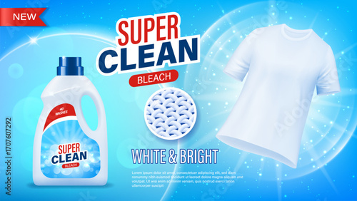Realistic laundry detergent bottle and clean t shirt vector ad banner. 3d white plastic bottle of laundry detergent, liquid soap or stain remover bleach with clean white fiber sample and bokeh lights