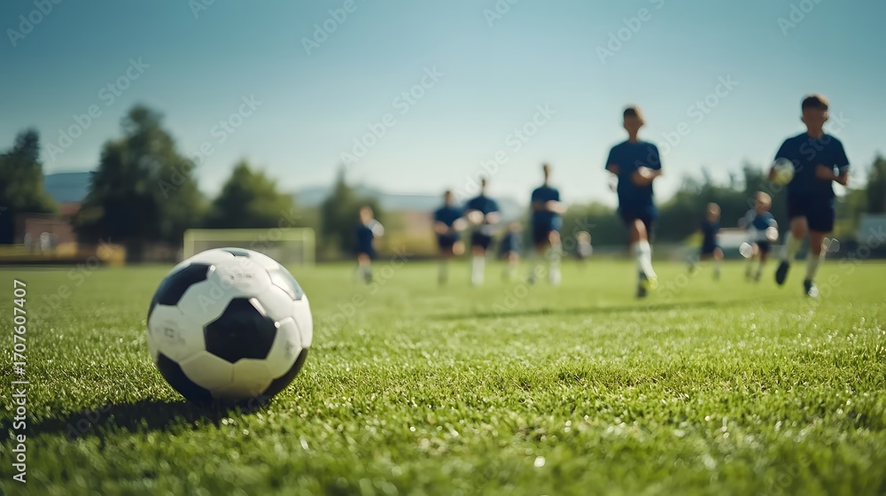 Fototapeta premium School children practicing football on a field.