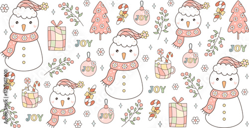 Pink Christmas 16oz libbey glass can wrap: Groovy snowman, Christmas tree, ornaments, gifts, plants and holiday mug. Retro festive wrapping