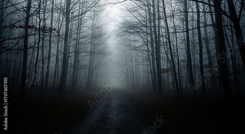 A path through a misty, dark forest, enveloped in an eerie silence.