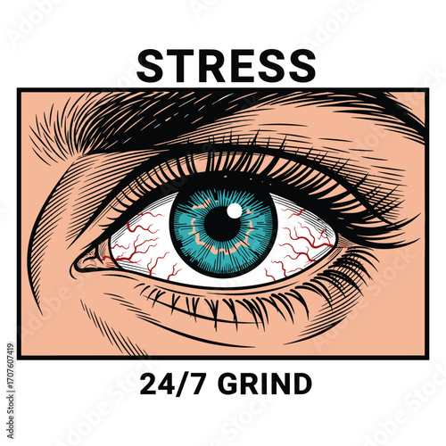 Vector Illustration of Eye with Stress Concept in Modern Minimalist Style Featuring Blue Iris and Red Veins