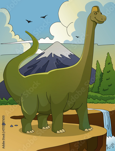 Prehistoric Dinosaur Scene at the Cliff Coloring Page: Dramatic Landscape Art