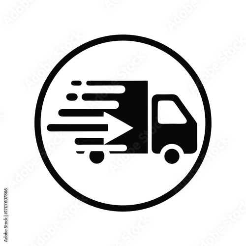 A monochrome delivery truck speeds quickly, indicated by motion lines within a circular frame