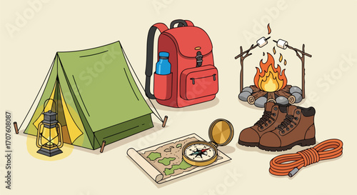 Illustrative set of outdoor adventure essentials camping tent, hiking backpack, navigation tools, and a warming campfire with roasted marshmallows
