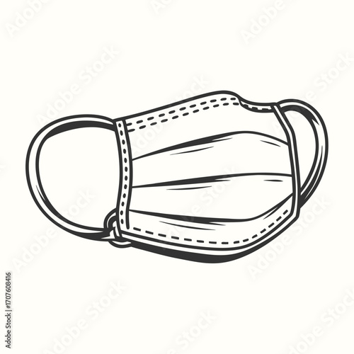 A monochrome line art face mask illustrates protection and simple prevention measures effectively