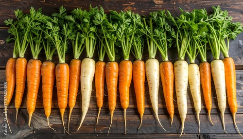 A neat arrangement of fresh carrots with vibrant green tops, showcasing a mix of orange and white varieties, laid on a rustic, dark wooden surface. The arrangement is symmetric