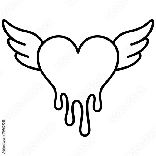 Minimal black outline dripping heart with wings symbolizing freedom, love and resilience