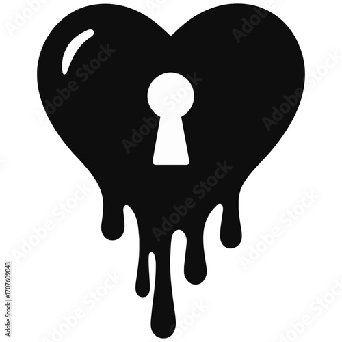 Black dripping heart with keyhole symbolizing secrets, mystery, locked love and protection