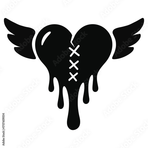 Black stitched dripping heart with wings symbolizing healing, resilience, love and recovery