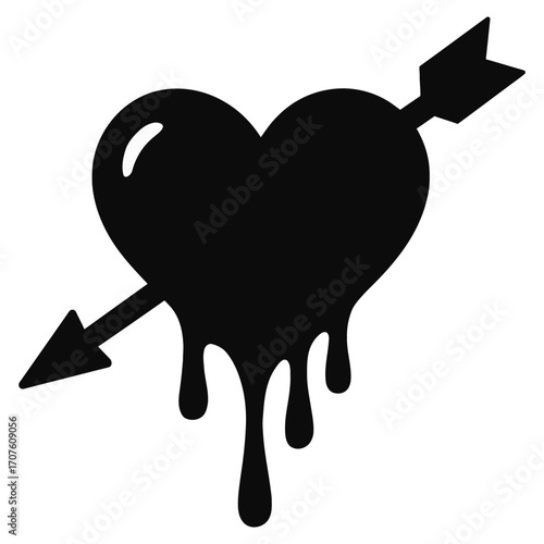 Black dripping heart pierced by arrow symbolizing love, passion, heartbreak and desire