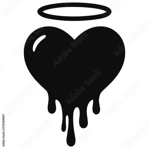 Black dripping heart with halo symbolizing purity, faith, forgiveness, devotion and eternal love