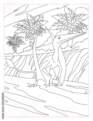 Spinosaurus and Velociraptor in the Riverbed Coloring Page: Predatory Dinosaur Scene

