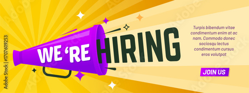 We are hiring banner, join to our team, hire offer banner. Announcement with megaphone. Vector job advertisement, recruitment promotion or social media hiring corporate campaign to attract candidates