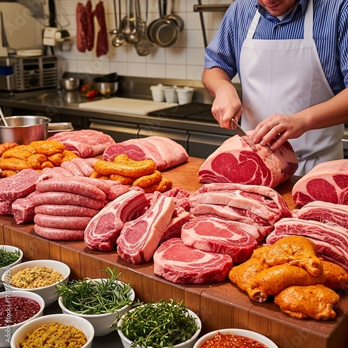 A butcher expertly prepares various cuts of meat, including steaks, chops, and sausages, on a butcher's block, surrounded by seasonings and herbs in a commercial kitchen.