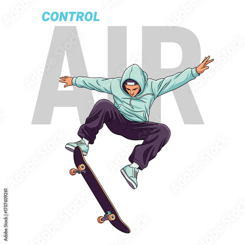 Vector Illustration of Skater Performing Trick in Modern Minimalist Style with Cool Blue and Dark Gray Colors