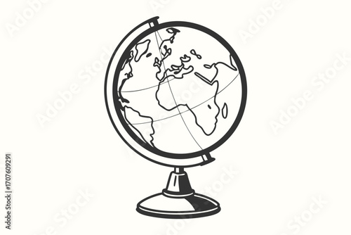 A monochrome world globe showing continents and geographical lines sits on a light background
