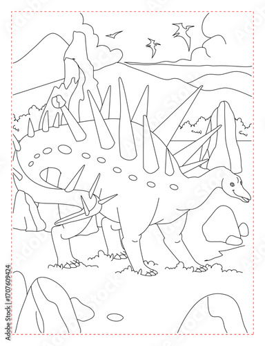 Triceratops Destroying a Rock Coloring Page: Powerful Armored Dinosaur