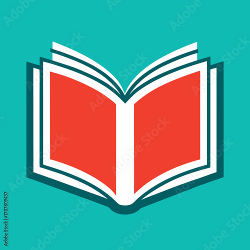 Open book illustration with vibrant red pages and teal background, symbolizing knowledge, education, and creativity in a visually engaging design concept