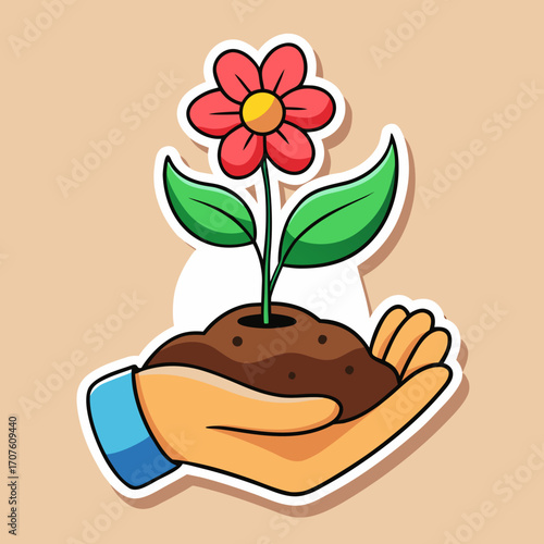 Hand holding a small mound of soil with a vibrant red flower and green leaves, symbolizing growth, nurturing, and the beauty of nature in a colorful illustration
