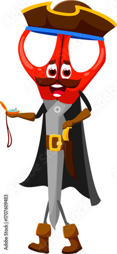 Cartoon scissors school stationery pirate corsair crew character with compass. Isolated vector shears supply tool personage searching treasures with a swashbuckling attitude, ready for daring quests