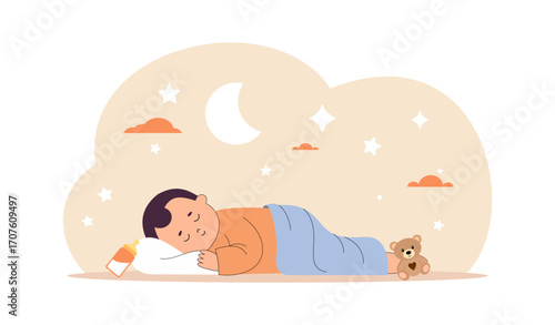 Sleeping baby covered by blanket with milk bottle and teddy bear, peaceful night scene vector illustration.   