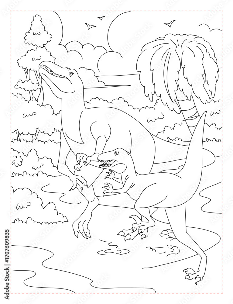 Fototapeta premium Velociraptor Early Hunting Coloring Page: Action-Packed Dinosaur Scene
