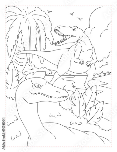  Velociraptors Hunting Together Coloring Page: Pack Predator Dinosaur Art