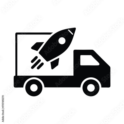 A rocket launches from a delivery truck in a solid black monochromatic emblem