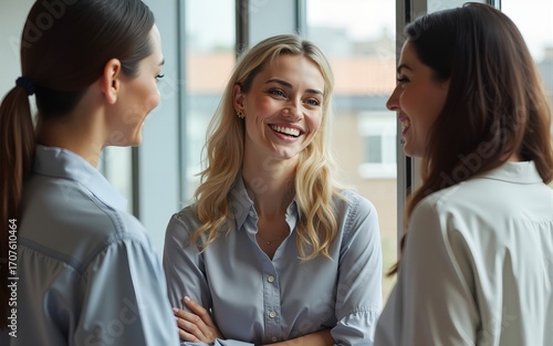 Three female coworkers engaged in discussion with smiles in an office setting. High quality