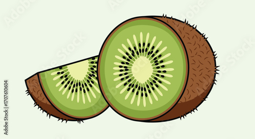 A whole kiwi fruit and a cut slice showing the vibrant green flesh and black seeds.