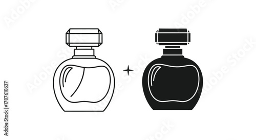 Vector illustration of two perfume bottles, one line art and one filled silhouette, with a plus sign.