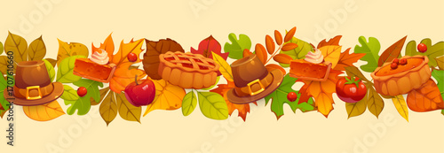 Autumn leaves Thanksgiving pie, pilgrim hat and harvest border frame. Cartoon vector horizontal banner with autumnal foliage, berries, seasonal apple fruits and vegetables for festive fall celebration